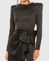 Black Long Sleeve Satin Structured Bow Draped Column Gown